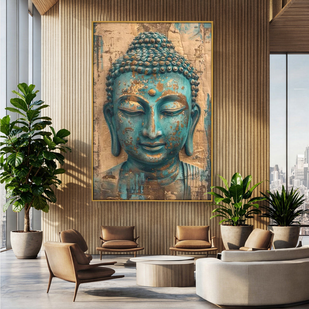 Tablou canvas cu tablou canvas cu capul lui buddha turcoaz, in rama de aluminiu auriu, pe perete intr-un birou